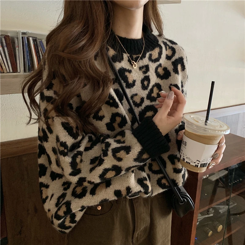 Autumn Winter Leopard Chic Sweaters Women Fashion Vintage Lazy Wind Harajuku Loose All-match Knitted Ullzang Pullovers for Girls