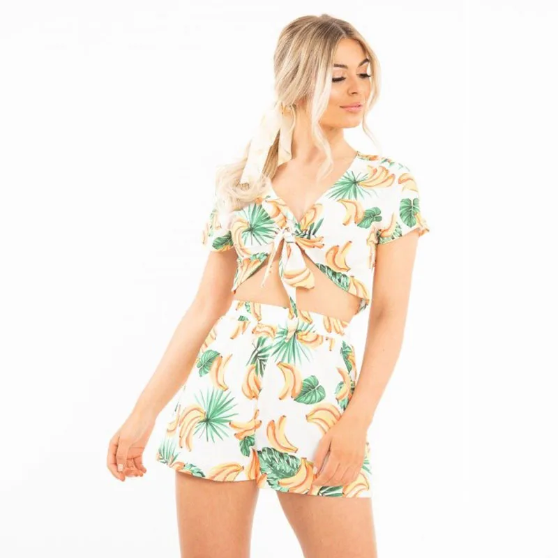 

ShiMai Summer Boho Banana Printed 2 Piece Set Women Casual V Neck Bow Tie Crop Top and Shorts Suit Cool Girls Mini Beach Shorts