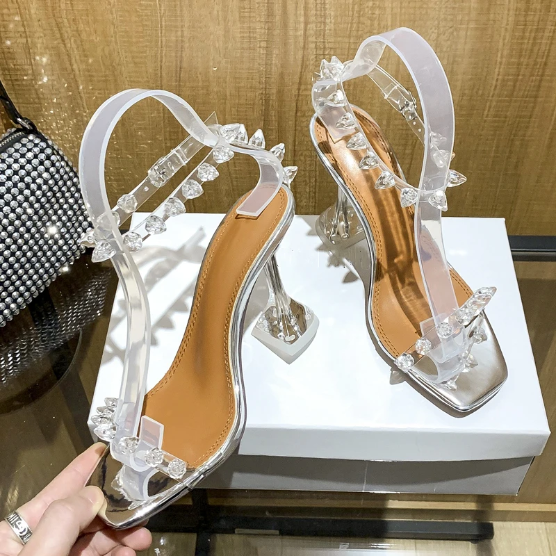 Сандалии из зеркального материала туфли-лодочки на каблуке с кристаллами