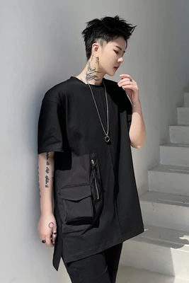 

Summer INS fashion brand functional wind work clothes short-sleeved T-SHIRT men loose personality pocket design hip-hop