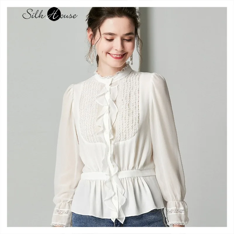 Модная рубашка из смешанного шелка с воротником стойкой и деревянными ушками