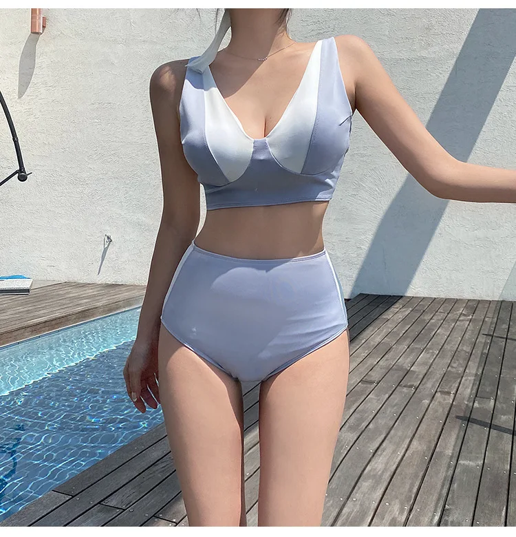 

2021 Summer Ladiess Color Blocking 2Pcs Bikini Suit, Low Neck Backless Tank Tops with High Waist Triangle Bottoms