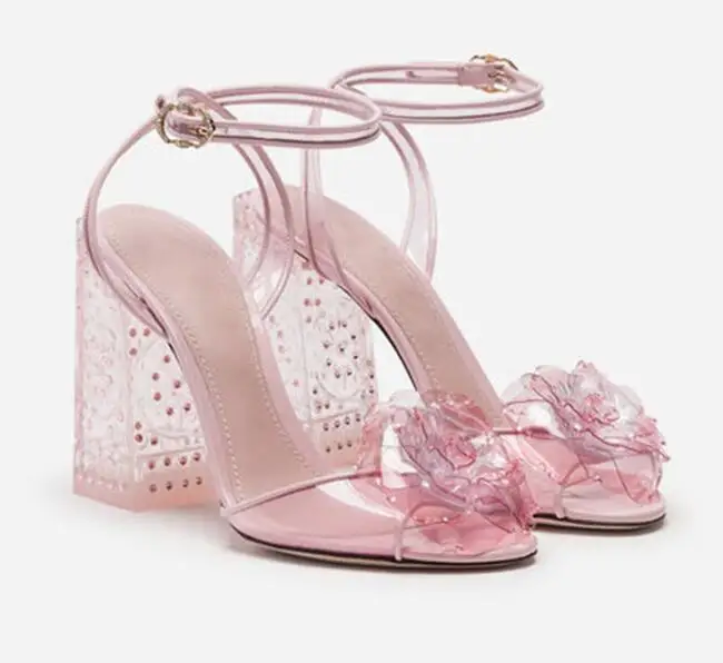 

BONJEAN Green Crystal Embellished High Heel Sandal Peep Toe Ankle Strap Thick Heels Party Dress Shoes Flower Decorations Sandal