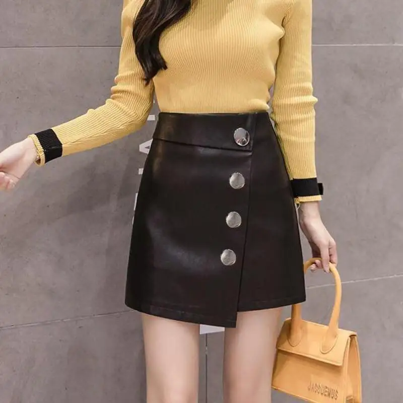 

Autumn & Winter New High Waist Slim Black Pu Leather Skirt Casual All-match Temperament Women A-line Mini Skirt Free Shipping