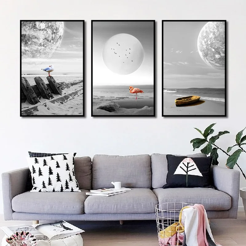 

Seaside Beach Moon Canvas Painting Night View Hanging Wall Art Print Picture For Living Room Bedroom Home Decor Poster
