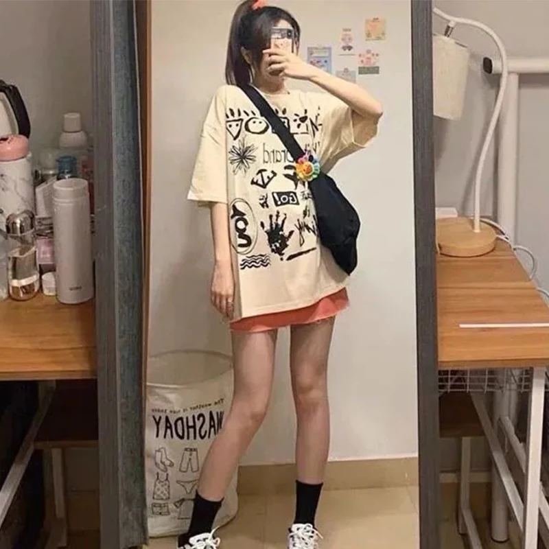 

IHarajuku Oversize T-shirt Casual Korean Sweet Cute Loose Top Personality Crow Print Pink T-shirt New Women Streetwear Summer