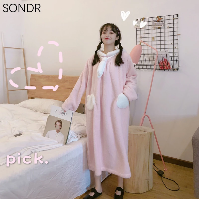 

One Piece Dress Women Winter New Japanese Cute Plush Thick Warm Long Sleeve Pajamas Dress Kawaii Pink Girl Casual Simple Dresses