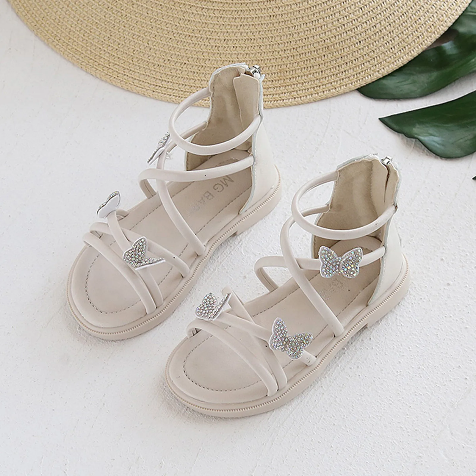 

Kids High-top Sandals Summer Kids Girls Butterfly Crystal Princess Sandals Beach Shoes Soft-Soled Non-slip Bandage Roman Shoes