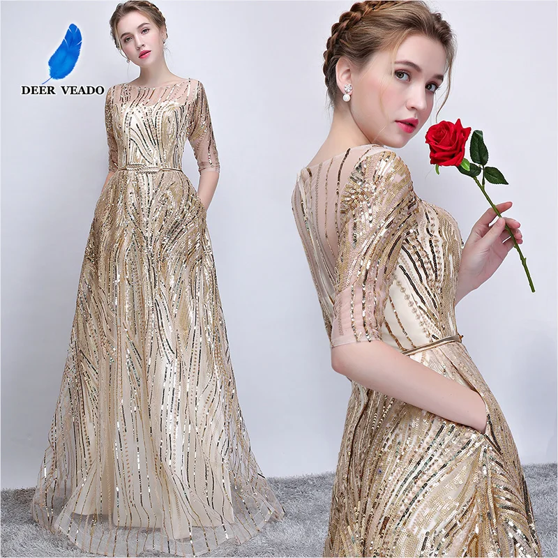DEERVEADO Robe De Soiree, короткие рукава, Длинные вечерние платья с поясом, с блестками, торжественное платье для женщин, Платья для вечеринок YS449