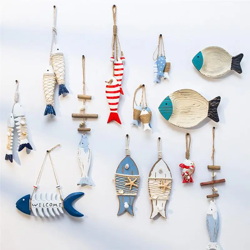 

Mediterranean Style Wooden Fish Hanging Decor Boat Ship Beach Wall Ornament For Home Cafe Shop