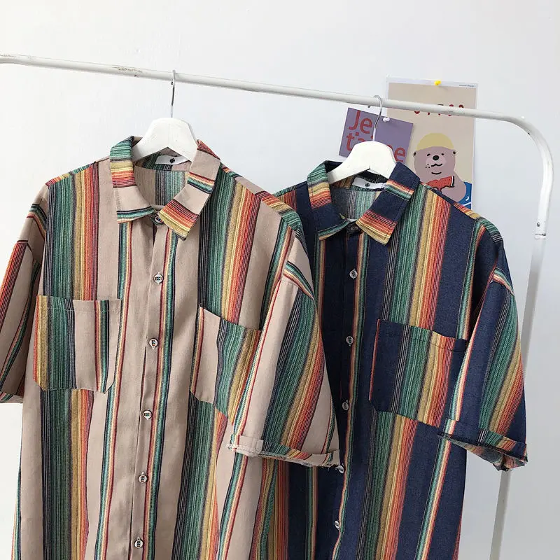 Летняя полосатая рубашка для мужчин модная повседневная контрастных цветов с