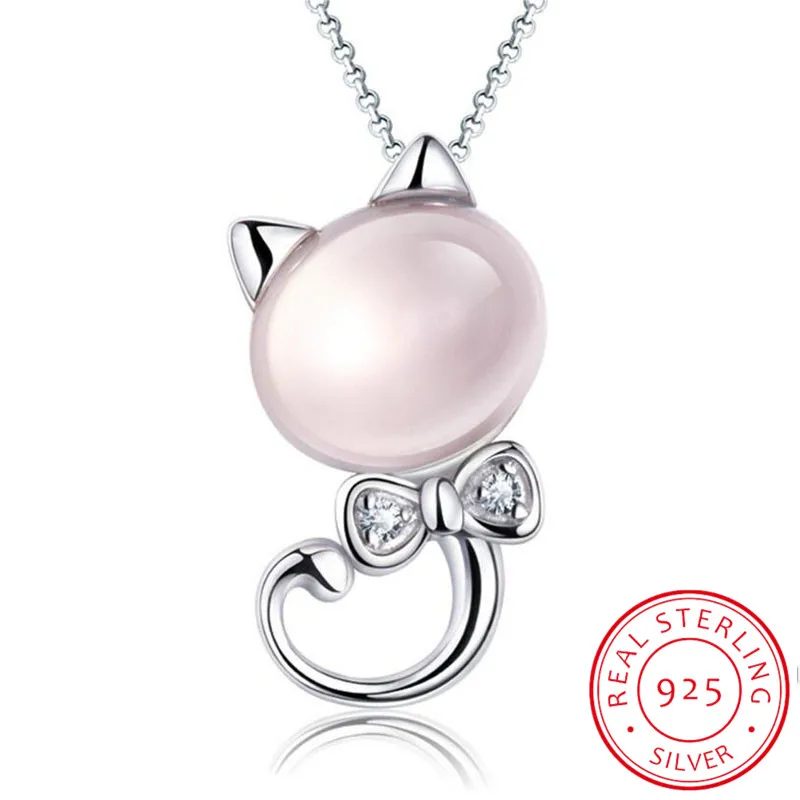 

925 Sterling Silver Pink Moon Light Stone Cat Pendant Necklace For Women Gift 45cm Link Chain Collares Kolye Party Gift