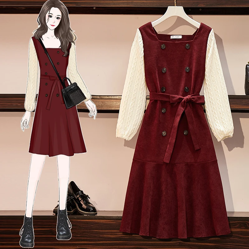 

4XL Plus Size Women Vintage Red Corduroy Dress Winter 2020 Square Collar Knitted Long Sleeve Patchwork Loose Ruffle Midi Dresses