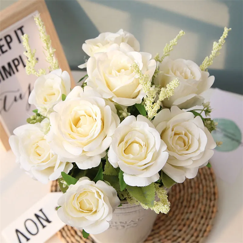 white 9 головок, 6 цветов, искусственные шелковые розы, цветы, букет, Флорес, для дома, вечерние, весенние, свадебные украшения, для свадьбы, для свадьбы, искусственный цветок, Шелковый цветок - Цвет: white