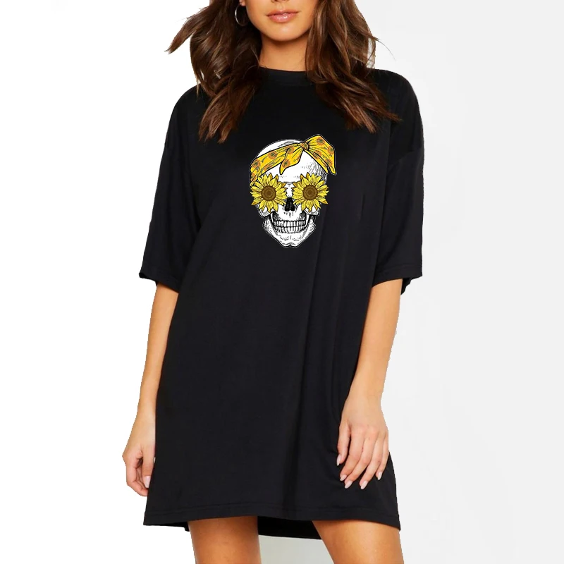 Женское платье футболка с героями мультфильмов принтом череп Летняя круглым