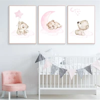 pink bear moon star child nursery print cartoon animal wall art canvas painting nordic kid baby room decoration picture