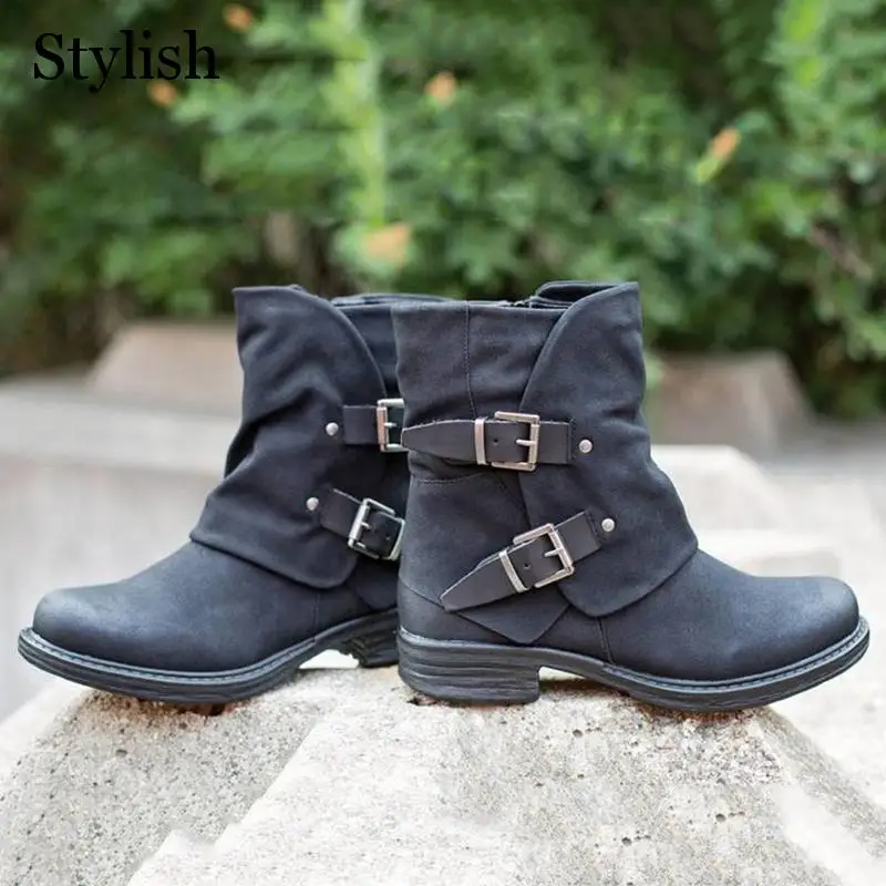 Зимние ботинки для женщин Однотонная обувь на плоской подошве с пряжкой Женская