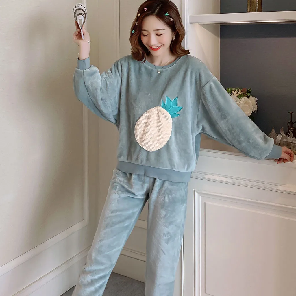pajamas for women pineapple Women Long Sleeve Flannel Shirt Pant Pajama Sleepwear Nightwear Sets Clothes#3