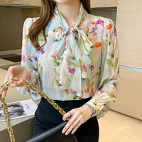 tulip print silk women shirts korean office lady button up shirt long sleeve blusas mujer de moda 2021 verano camisas de mujer