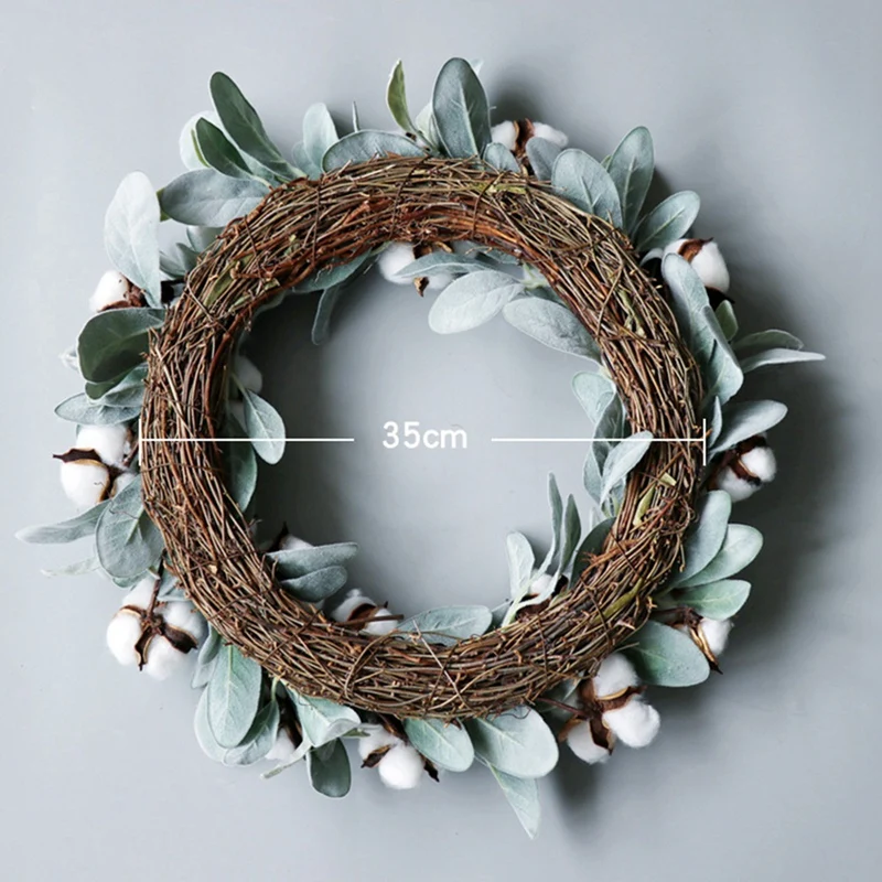 

Cotton Wreath, Christmas Cotton Boll Rustic Wreath with Artificial Green Leaves for Outdoor Indoor Wedding Welcome Decor-ABUX
