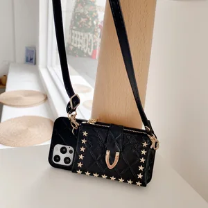 luxury rivet leather crossbody phone case for iphone 11 12 pro max x xs xr se2020 8 7 plus wallet card pocket shoulder bag cover free global shipping