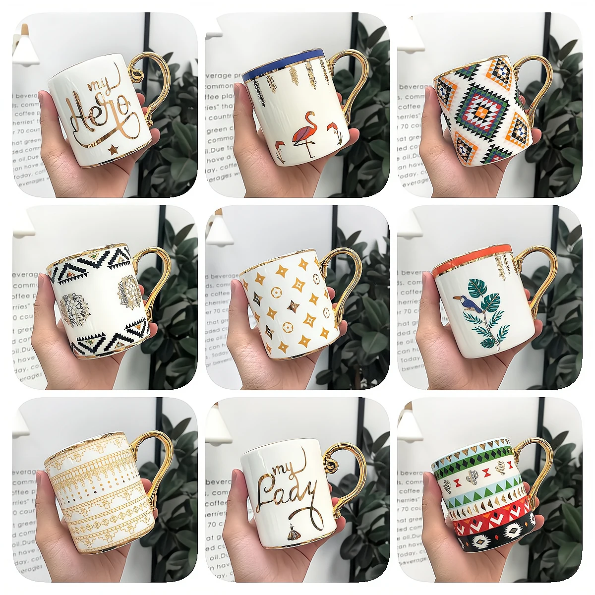 

350ML Multiple Styles Light Luxury Painted Gold Handle Creative Ceramic Cup Business Coffee Cup