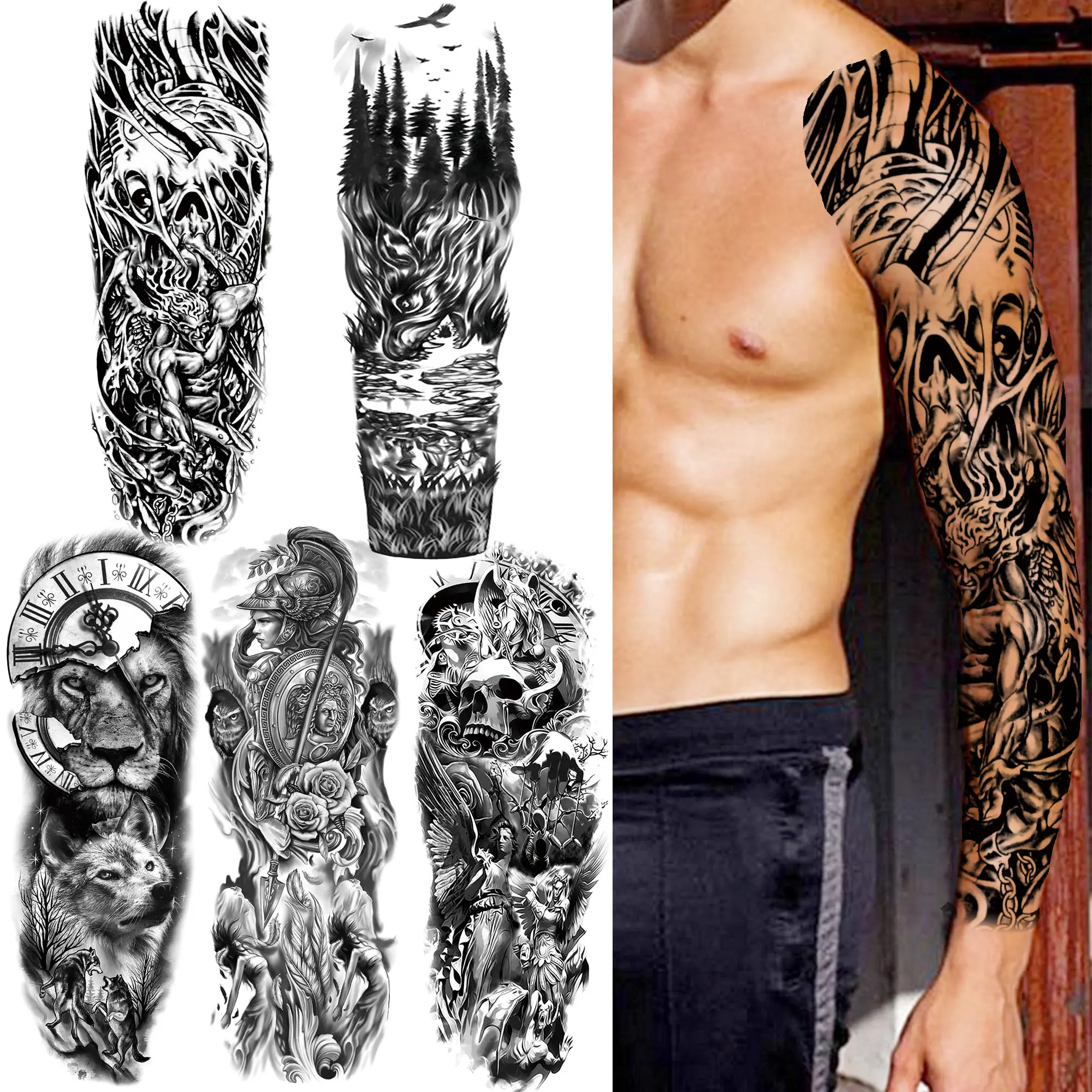 Временные татуировки злой Монстр для мужчин женщин искусственный лес черный Лев