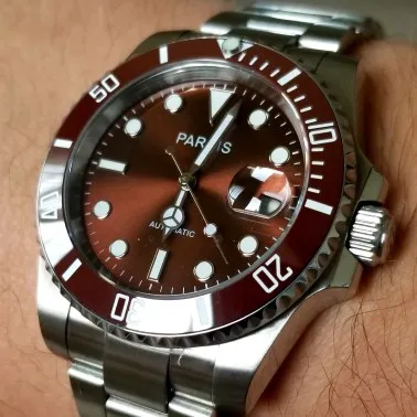 Мужские механические наручные часы PARNIS коричневые циферблаты светящиеся