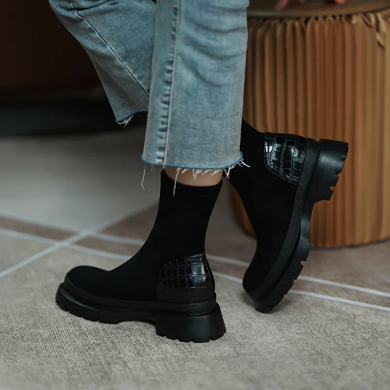 

Women's genuine leather stretch flock patchwork slip-on flats ankle boots leisure soft comfortable autumn short booties shoes