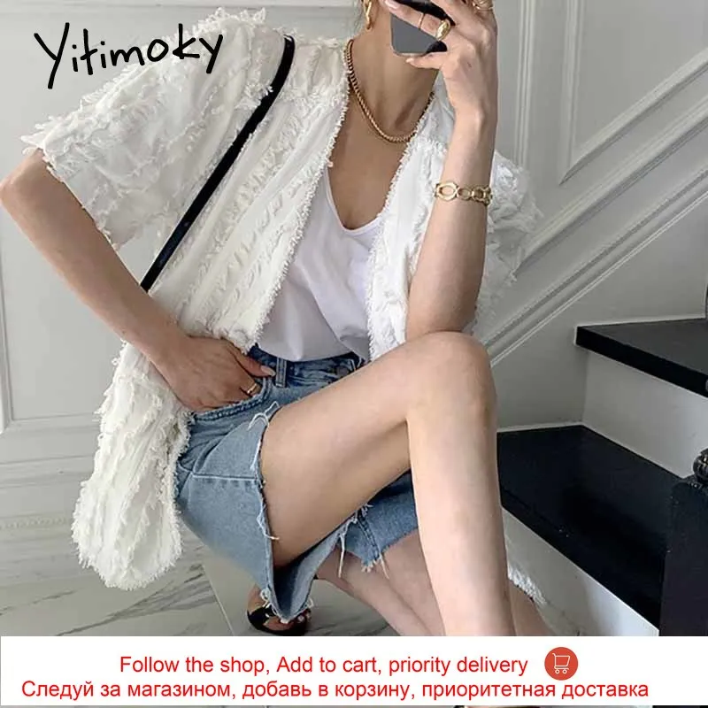 

Yitimoky Vintage Women Jacket Spliced V-Neck 2021 Summer Fashion Korean New Tassel Single Breasted Elegant Ruched Solid Tops