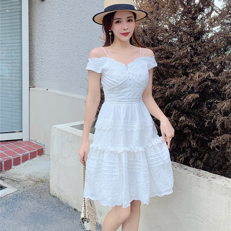 

Однобортное белое летнее платье, женское мини-платье на бретелях-спагетти, ТРАПЕЦИЕВИДНОЕ кружевное платье с оборками и высокой талией, мод...