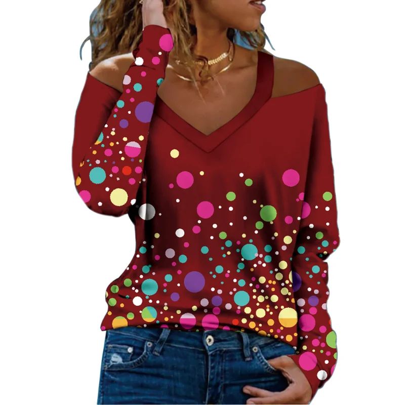 

Блузка женская с открытыми плечами, V-образным вырезом и принтом в горошек