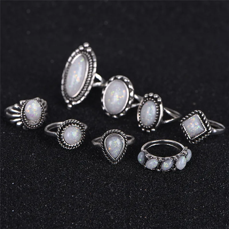 8 шт./Se винтажный огненный опал кольцо набор для женщин бохо античный цвет сердце