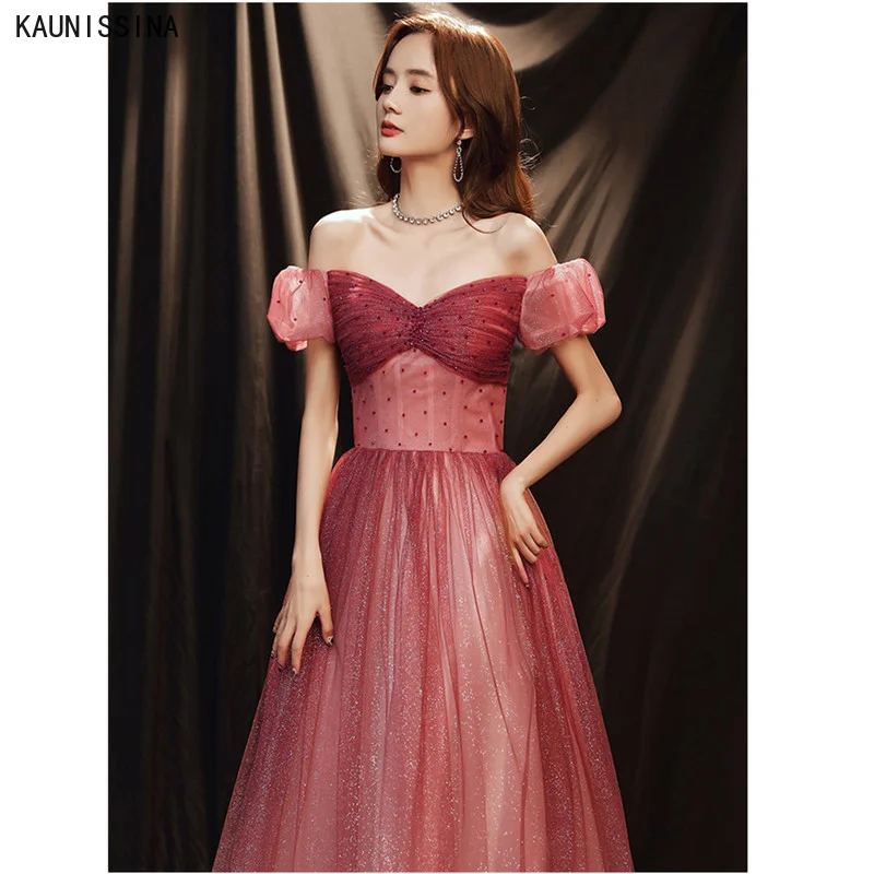 

KAUNISSINA Sparkly Evening Dresses Gradient Long Party Gown Vestidos Women Off the Shoulder A-Line Sexy Tulle Formal Dress