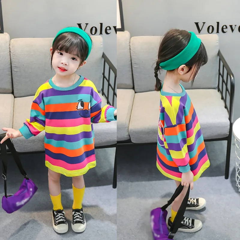 

Autumn Casual Baby Girls Dress Colorful Striped Eyes Print Long Sleeve Kids Princess Dresses