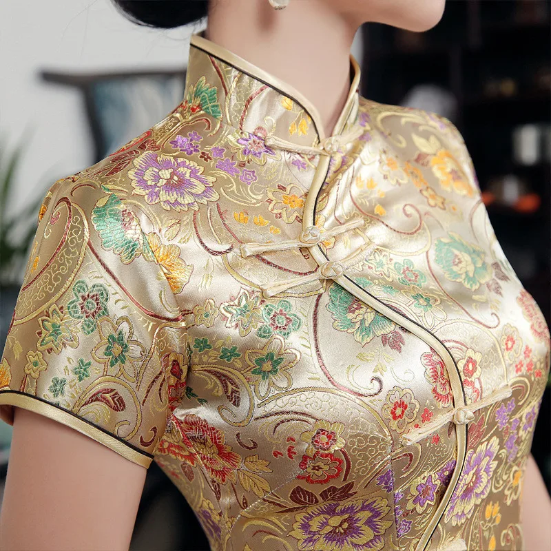 Большие размеры 3XL золотой цветок короткий рукав для женщин Cheongsam воротник стойка