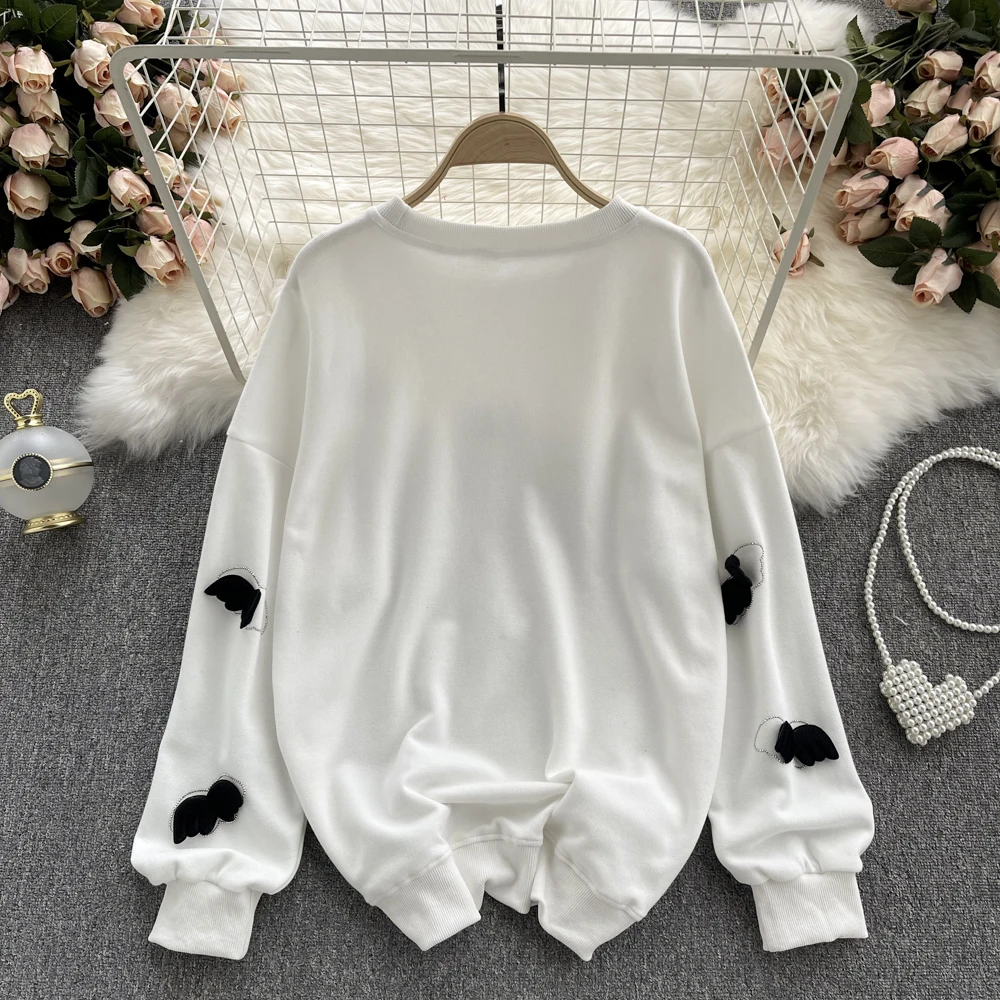 

WIGADFHK Retro Loose Pullover Top 2021 Fall Women's Hot Rhinestone Three-dimensional Butterfly Wing Fashion Casual Sports Hoodie