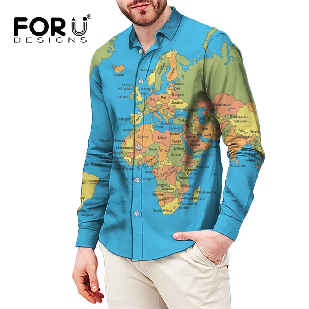

FORUDESIGNS/рубашка с рисунком карты мира, Классическая рубашка для работы, рубашка с длинными рукавами, деловые Топы