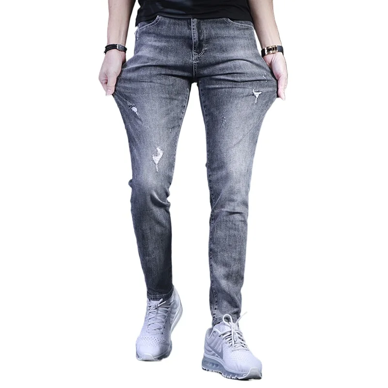 

Men Gray Stretch Ripped Jeans 2021 Fashion Korean Style Slim Fit Pencil Pants