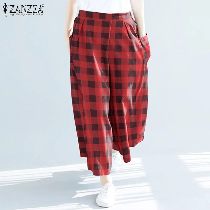 

ZANZEA Women Wide Leg Pants 2021 Summer Vintage Plaid Pants Casual Loose Elastic Waist Pants Ladies Pockets Bottoms