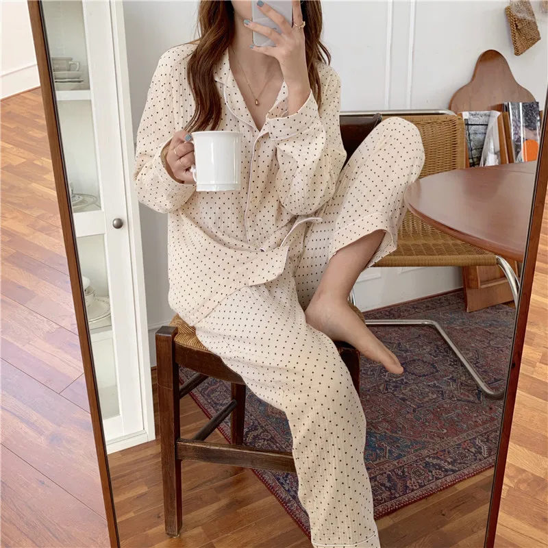 

ChunShang Polka Dot Gentle Two-Piece Suits Chic Women Soft Sweet Sleepwear Warm Cute Winter Loose Pajamas Fresh Home Clothes