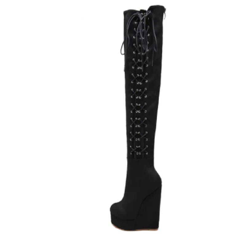 

Meilikelin Black Suede Gothic Women's Over The Knee Boots High Platform Wedge Ladies Stretch Long Boots Lace Up Autumn Winter