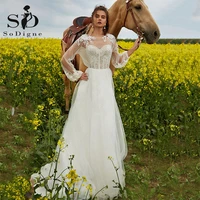 sodigne beach tulle wedding dresses lace appliques puff long sleeves arabic duabi wedding gowns a line bridal dress plus size
