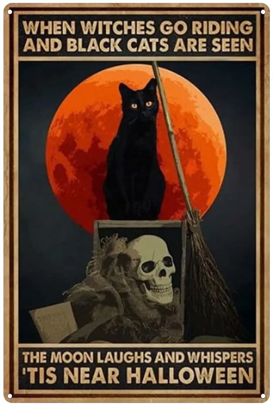 

Halloween Metal Tin Sign,Witches Go Riding and Black Cats are Seen Art Poster Bathroom and Room Retro Iron Painting Wall Decor