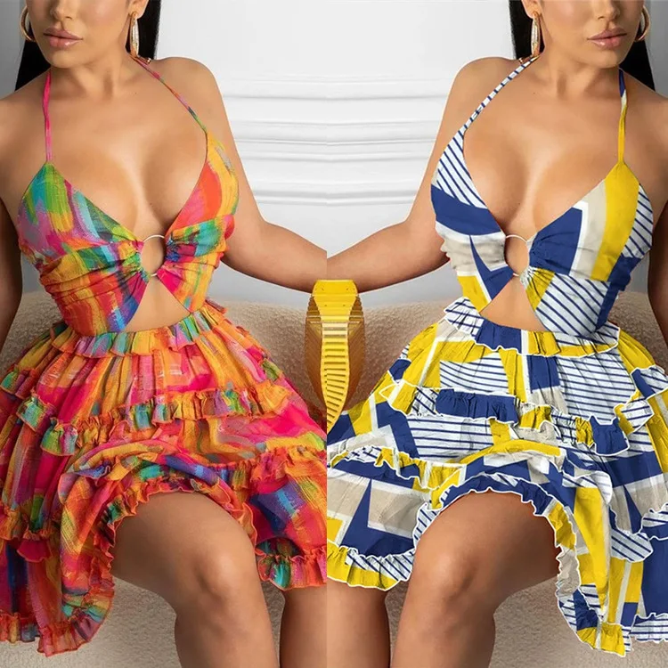 

Echoine Colorful Tie Dye Print Halter Backless Mini Dress Women Sexy Elegant Ruffle Dresses Summer Beach Holidays Robe