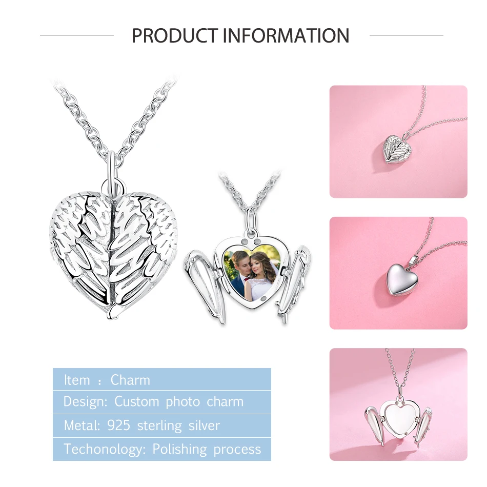 Love Heart Charm Open Angel Wings Custom Photo Beads fit Necklace Pendant Couple Personalized Charms 925 Sterling Silver Jewelry | Украшения
