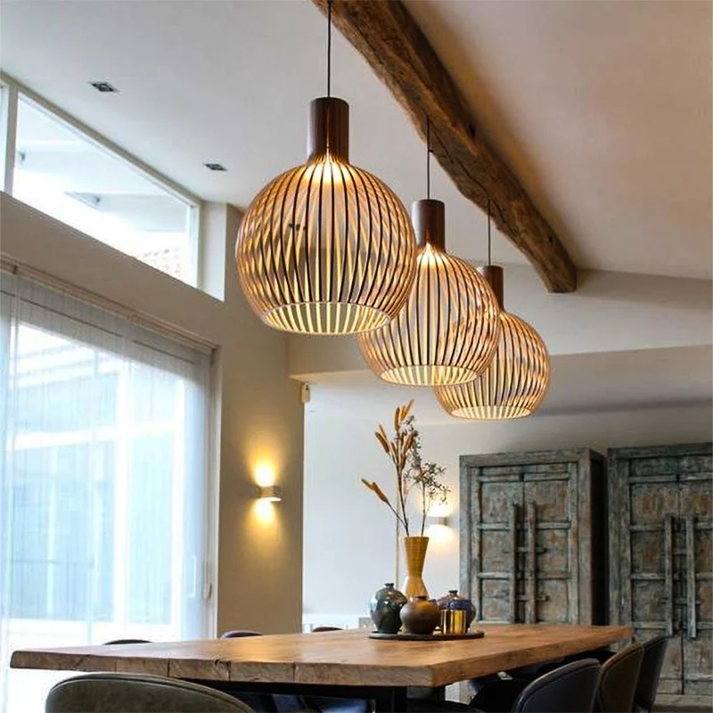 

Sam Wooden Pendant Light Birdcage Wood Lamp Modern Designer Black White Hanging light for Restauarant Dining Room bar Lighting