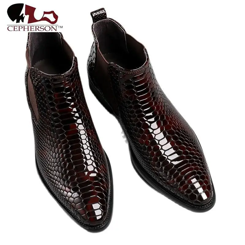

2021 Autumn Patent Leather Black Chelsea Boots Men's Retro Dress Ankle Cowboy Boots Slip-On High-Cut Shoes Social Gents Point