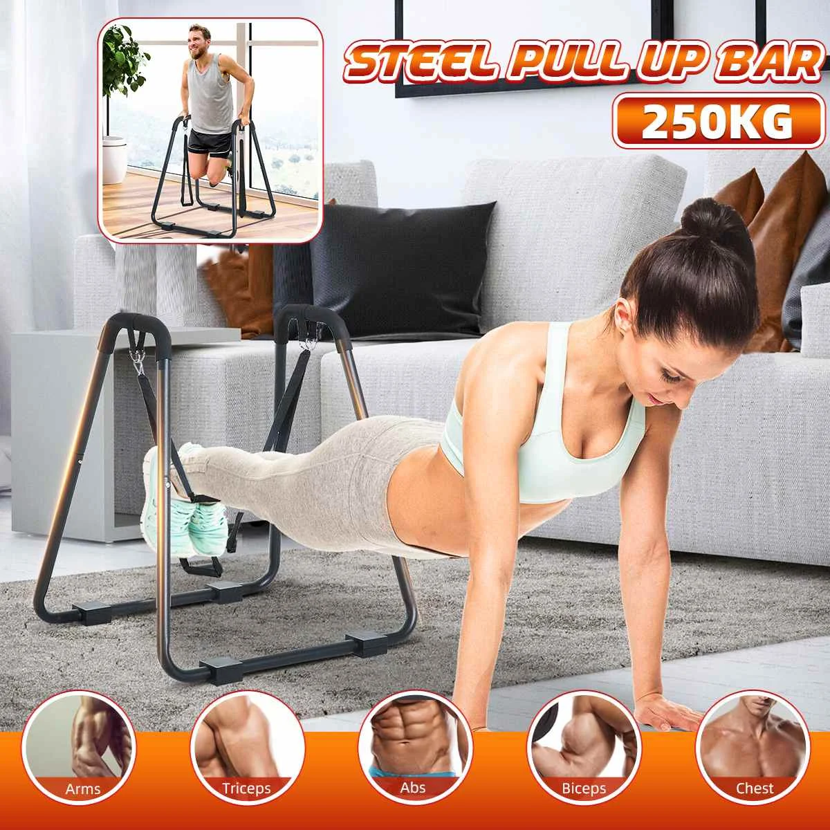 

Push-Ups Stands Body Fitness Station Workout Exercise with-2-Detachable-Suspension-Straps Dip Bar Chin-up Upper