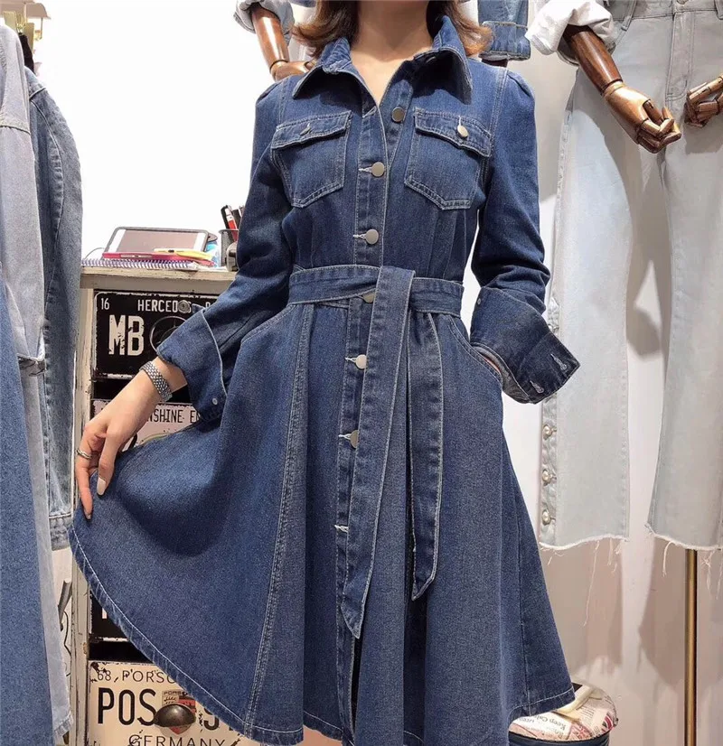 

Women Spring Autumn Fashion Slim Dress Long Sleeve Elegant Belted Mini Blue Denim Dress Vintage Waisted A Line Dress Vestidos
